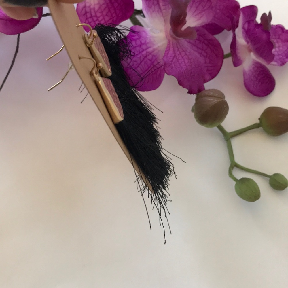 Black, Fringe Drop Dangle Earrings - Picture 4 of 5